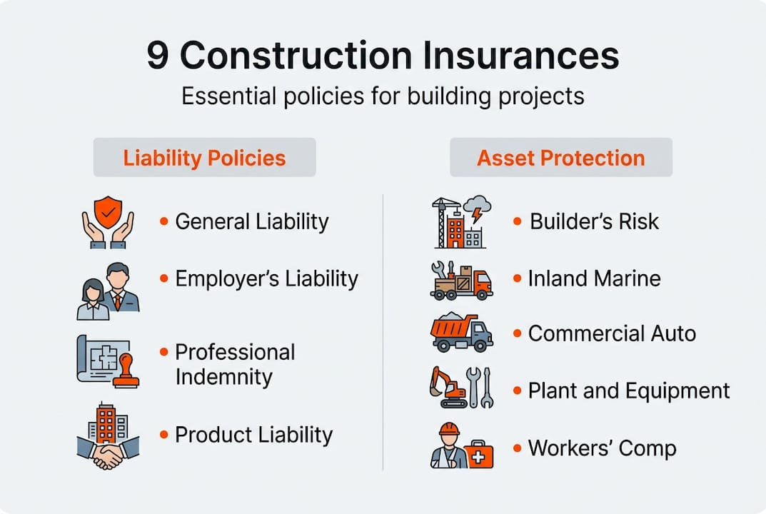 Infographic of nine construction insurance policy types
