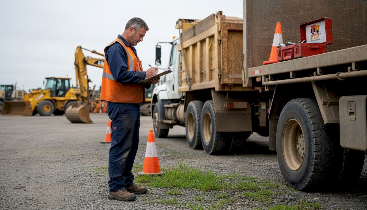 Supervisor inspecting construction trucks and equipment