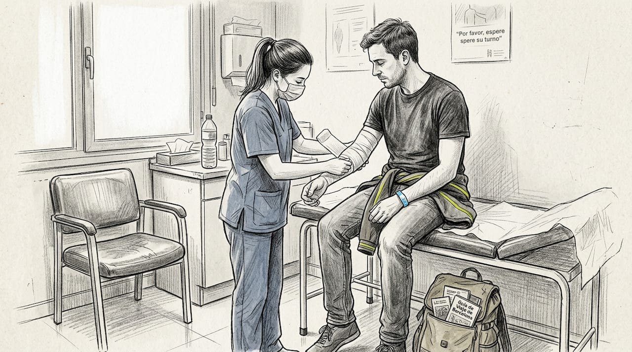 Un viajero está siendo atendido por un médico en una sala de consulta de la clínica.