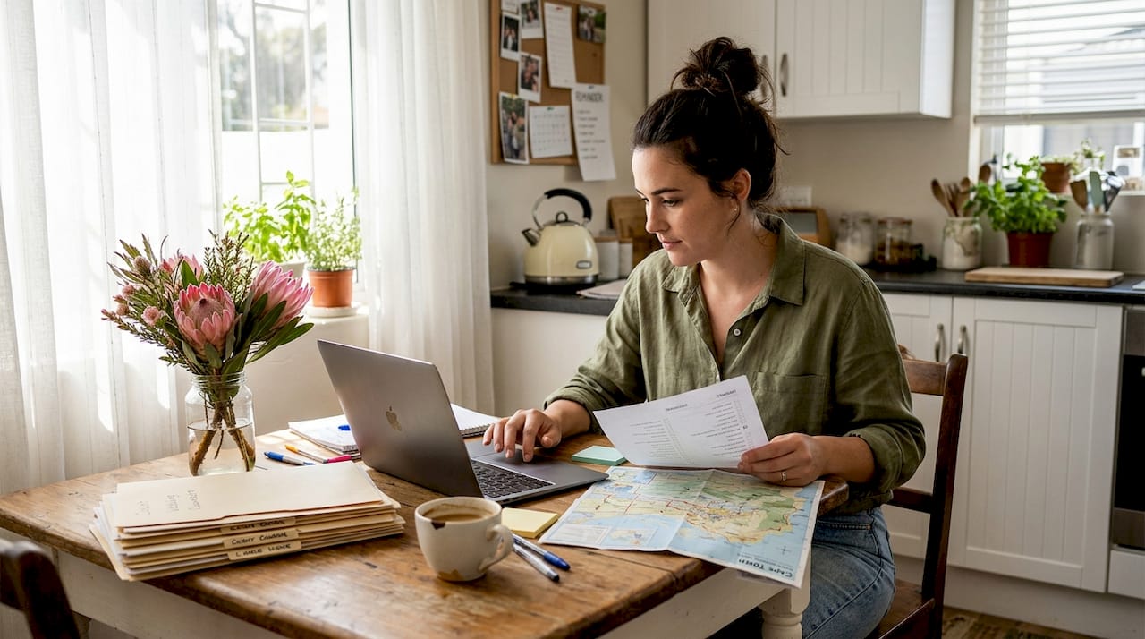 Wedding planner updating timeline at kitchen table