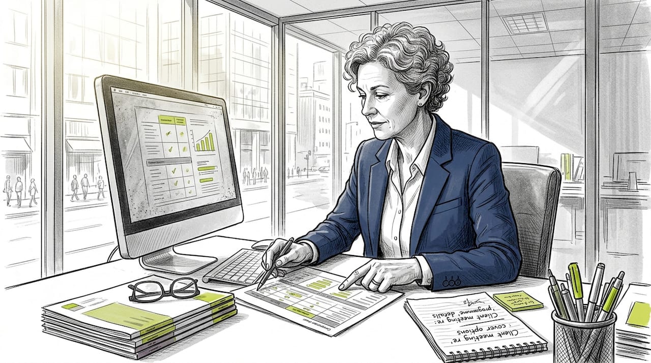 Insurance agent comparing plans at desk