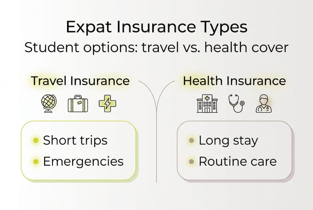 Infographic comparing travel and health insurance types