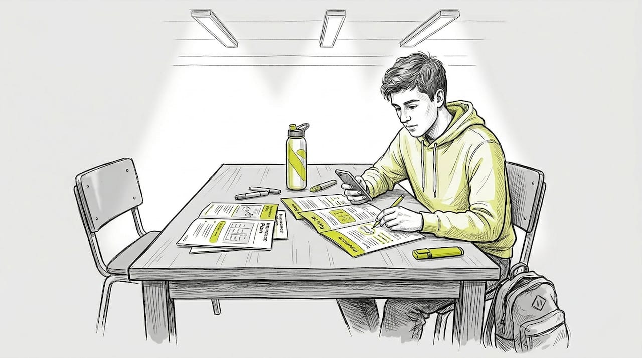 Student reviews insurance brochures in library nook