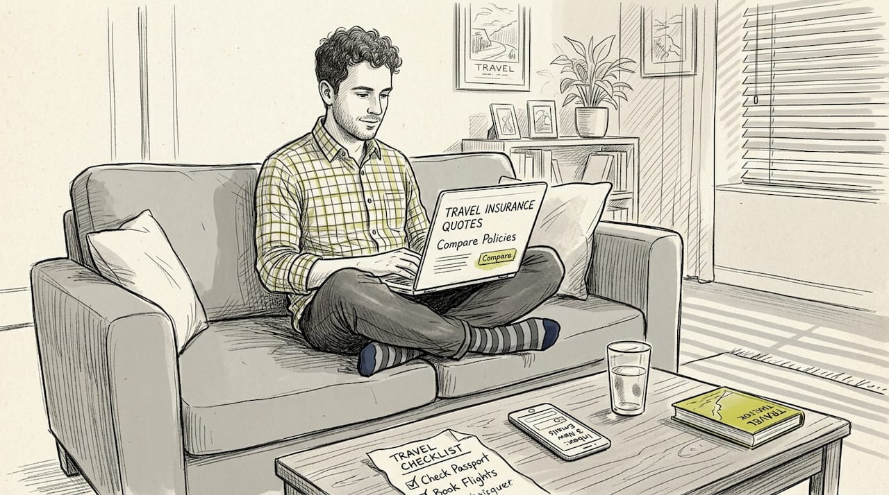 Man researching travel insurance for visa