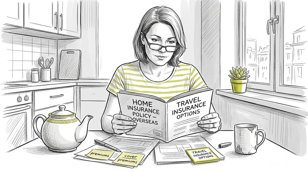 Expat woman reviewing insurance policies at kitchen table