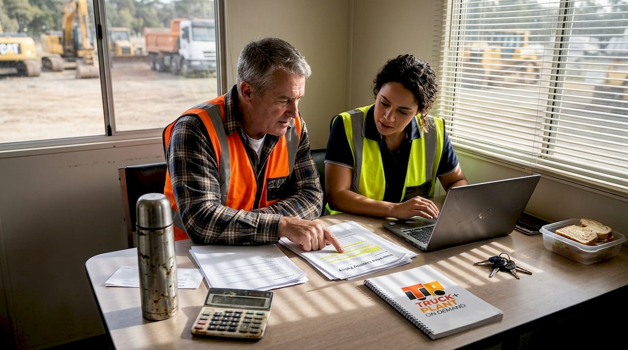 Managers review insurance paperwork in site office