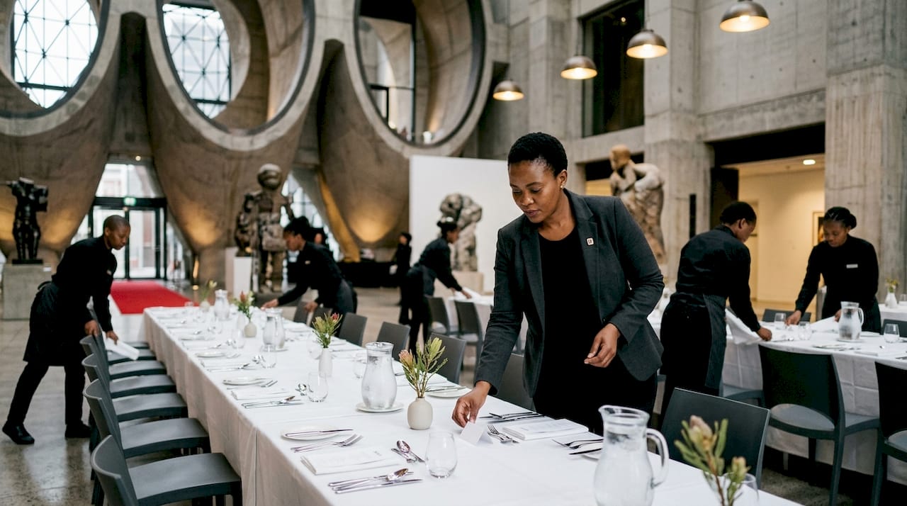 Manager arranges gala decor inside art atrium