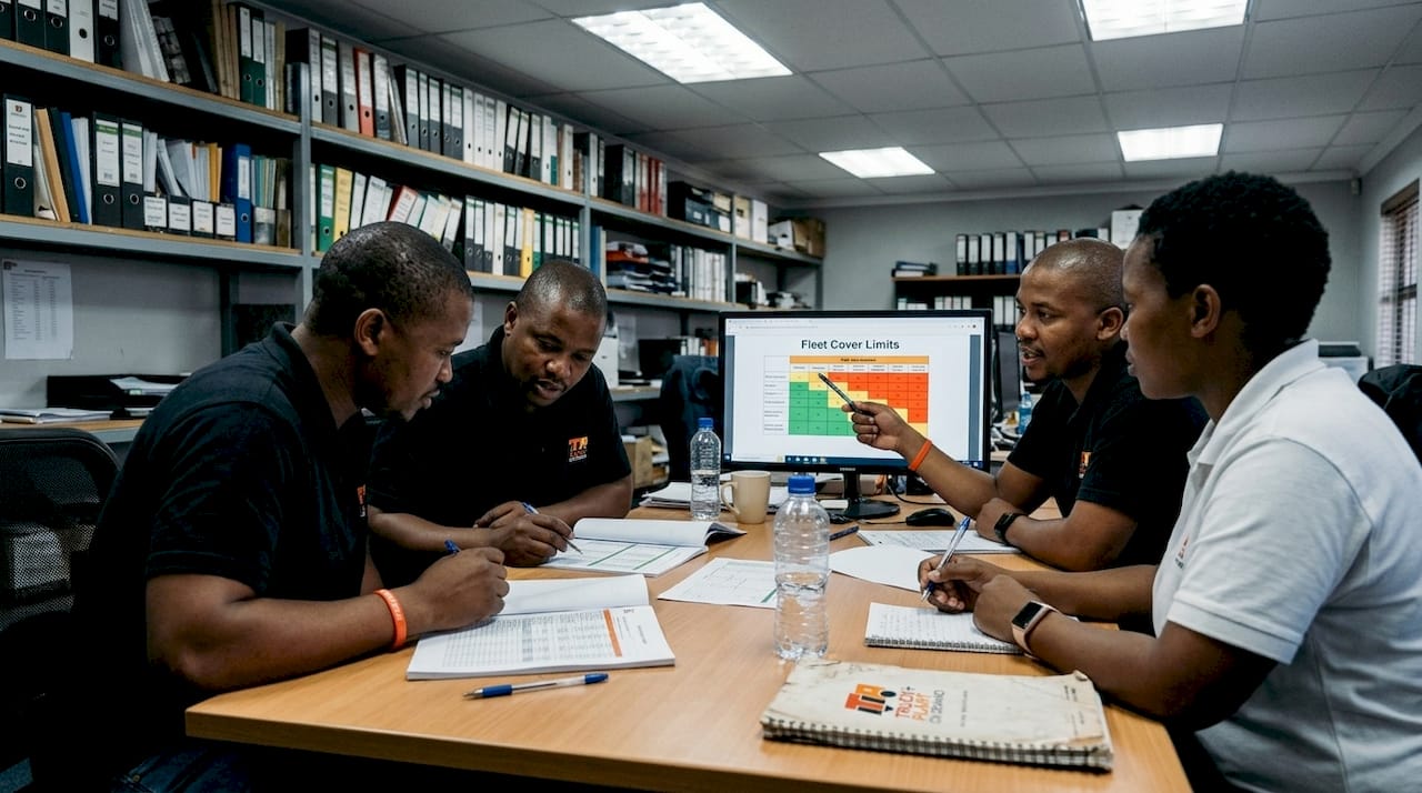 Team discussing fleet cover risk at office table