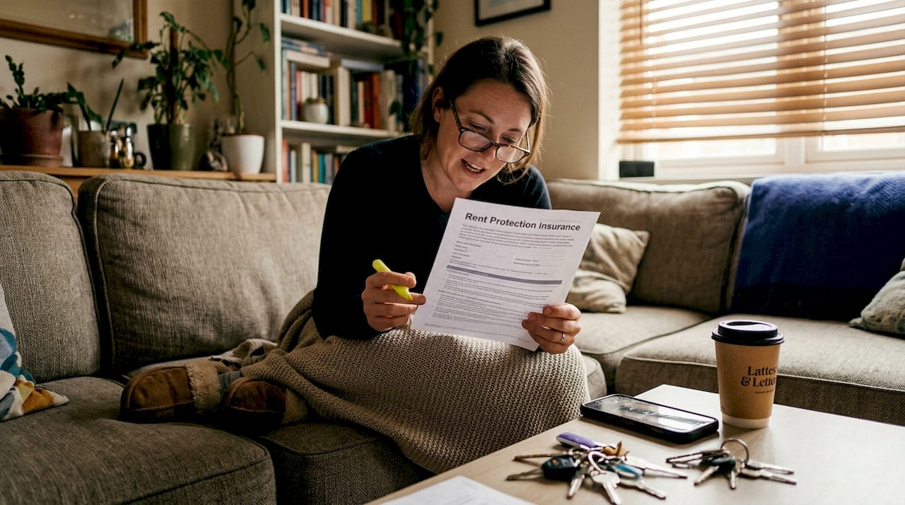 Landlord reading rent protection insurance at home
