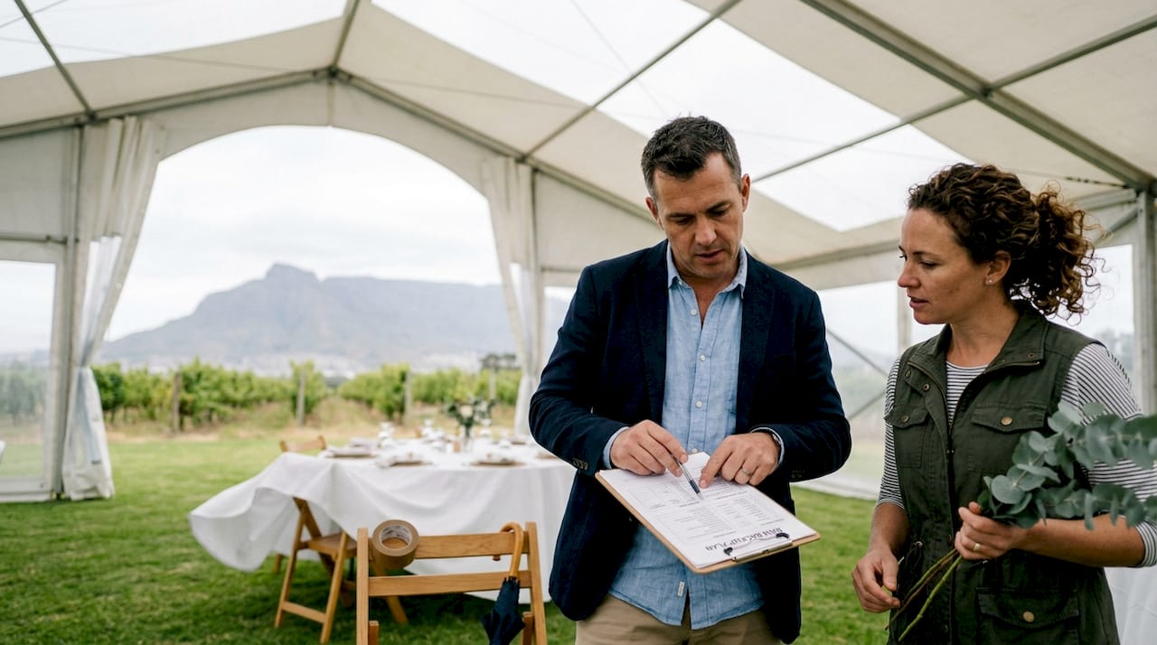 Coordinator reviews event backup plans on vineyard
