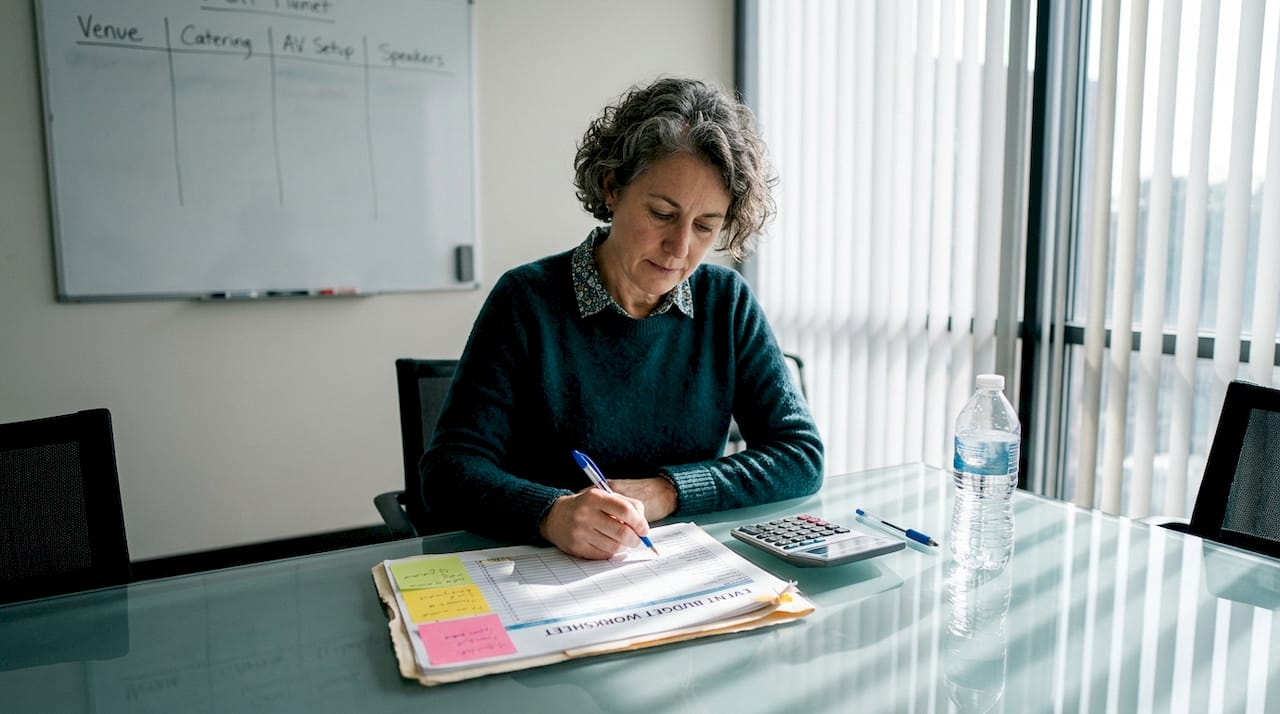 Person working on event budget worksheet