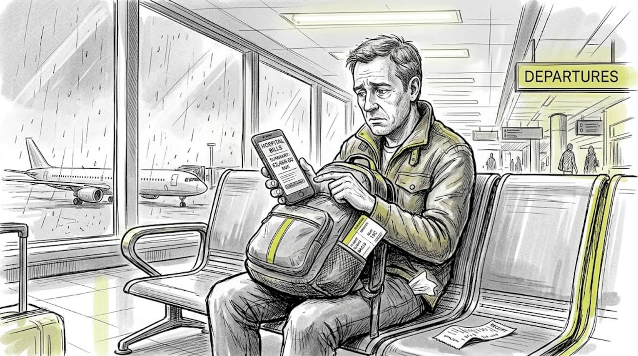 Man reviewing medical bills in airport terminal