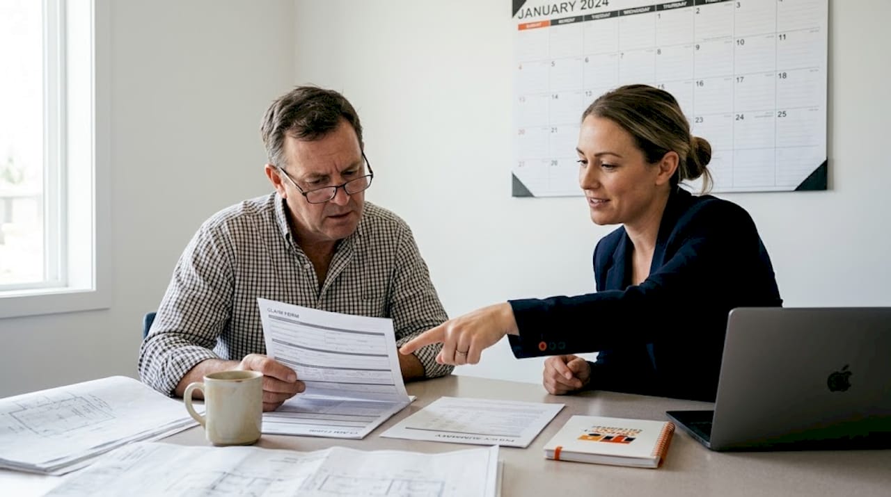 Insurance broker discusses claim with contractor