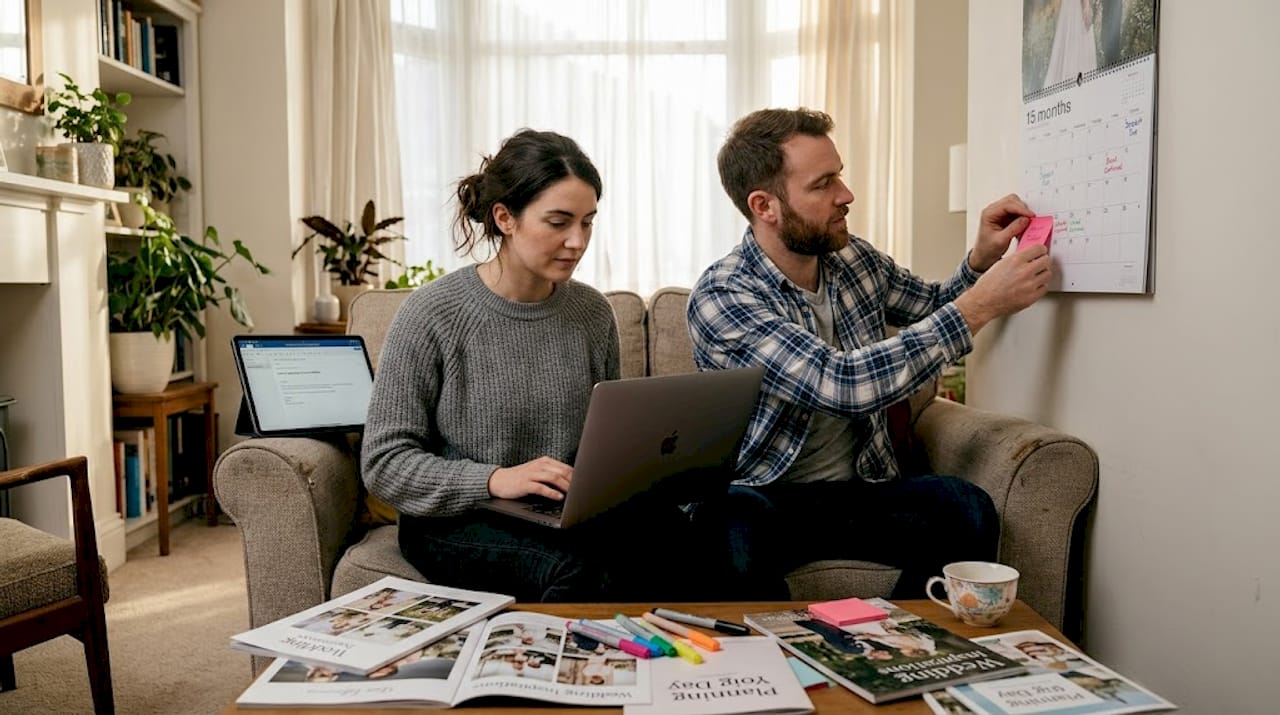 Couple planning wedding timeline with calendar