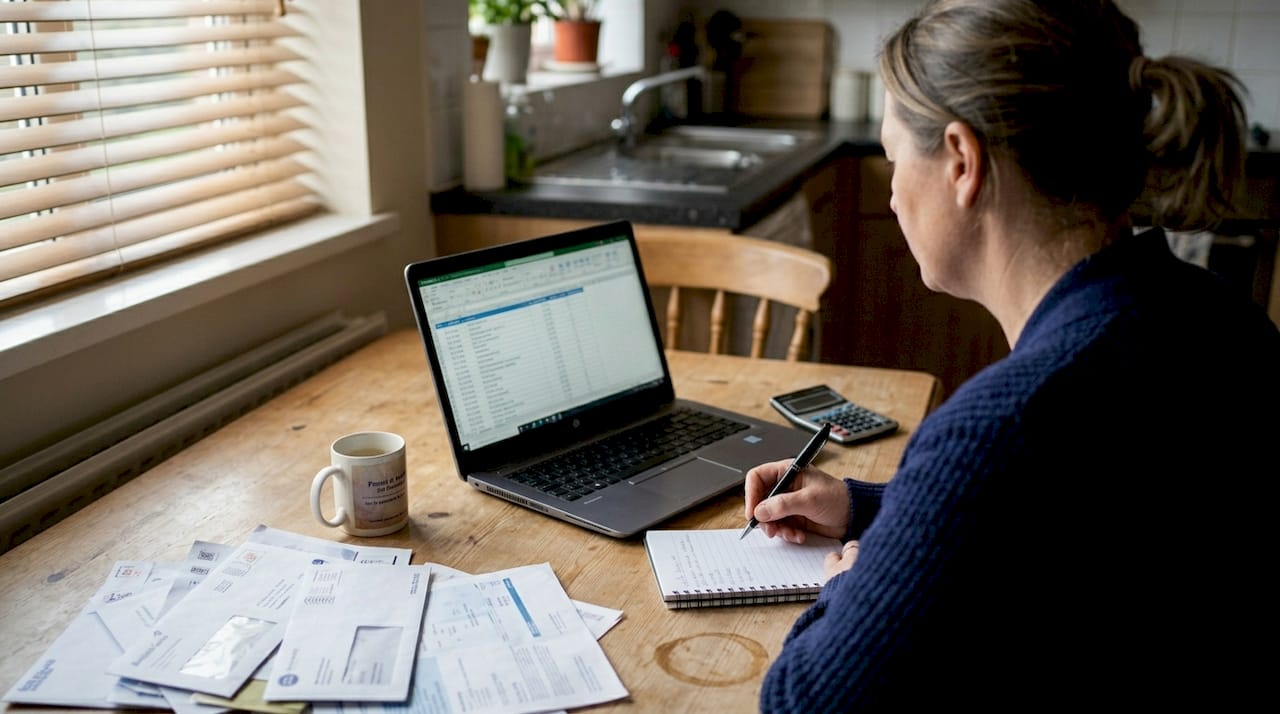 Woman reviewing rental accounts at table