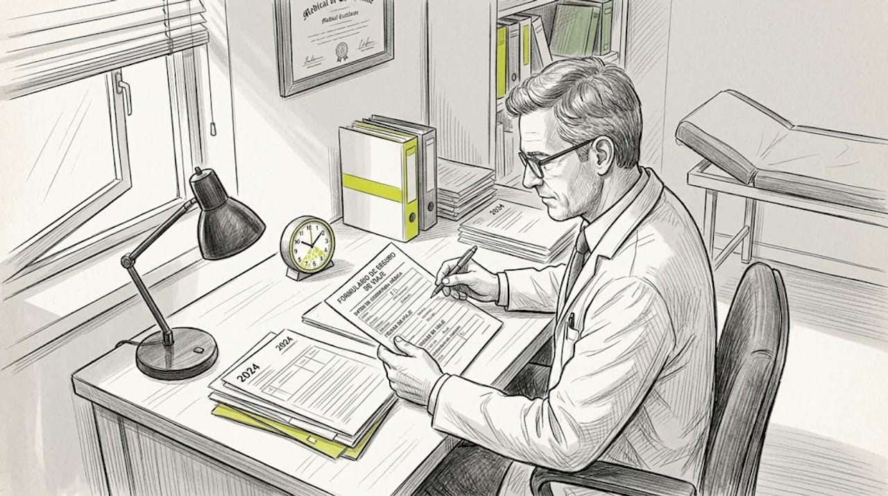 Médico comprobando la cobertura del seguro de viaje
