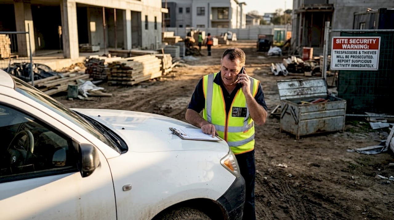 Fleet manager checks clipboard at construction site