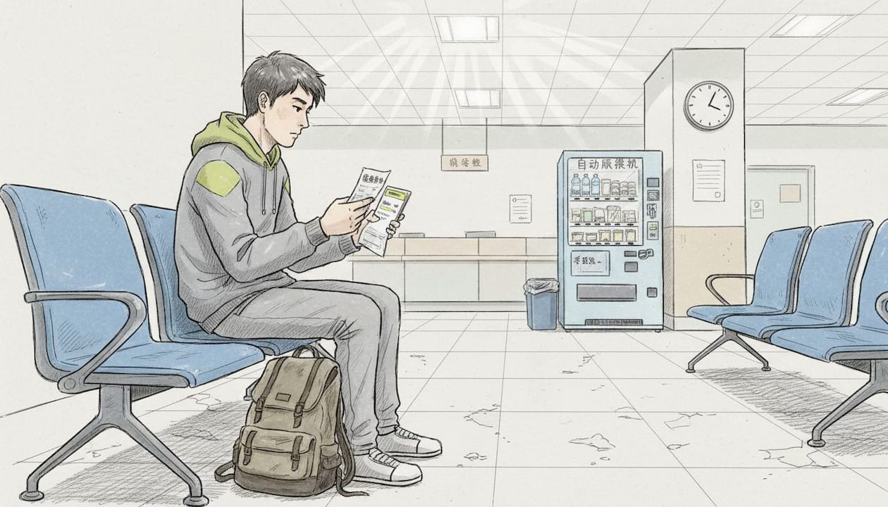 一名留学生在国外医院等着结算医疗费用。