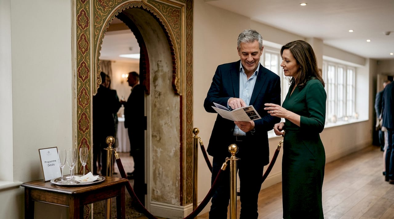 Guests engaging at themed event entrance