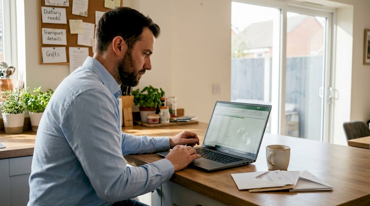 Groom updating wedding guest spreadsheet in kitchen