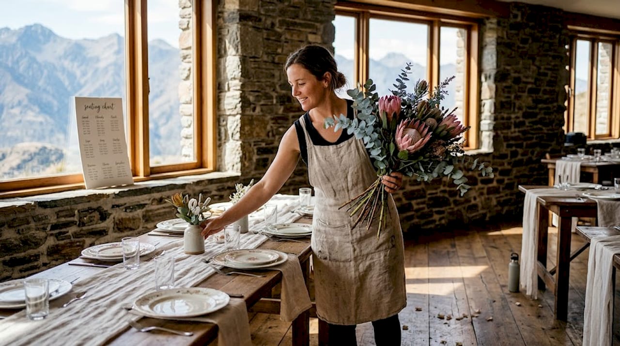 Florist preparing rustic Cape Town wedding setting
