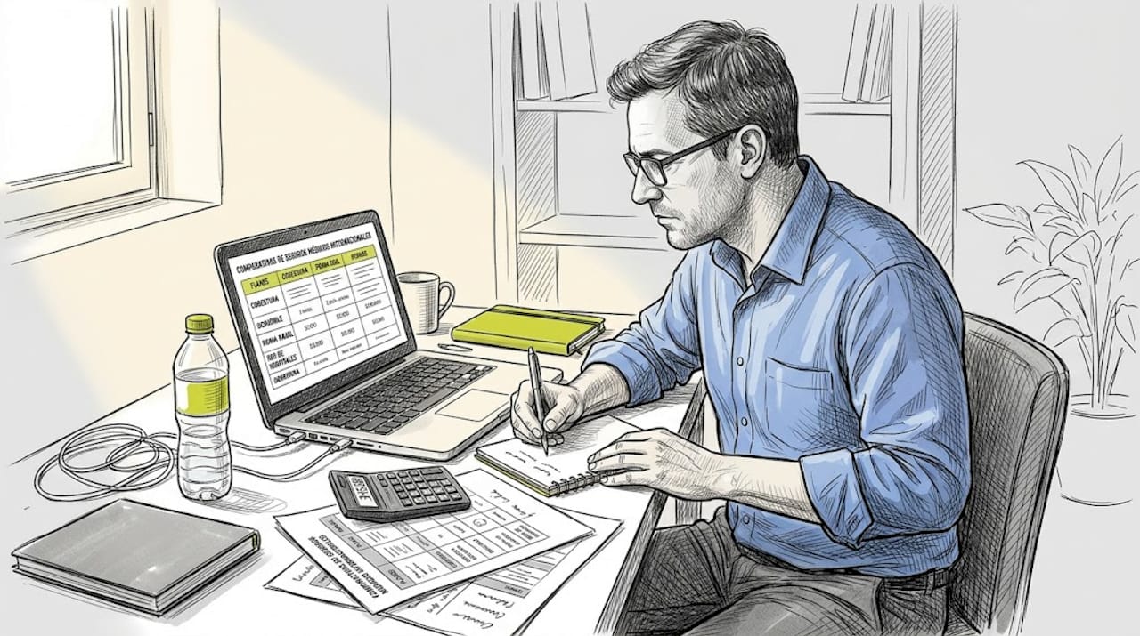 Un hombre revisa y compara diferentes opciones de seguros médicos internacionales desde su escritorio.
