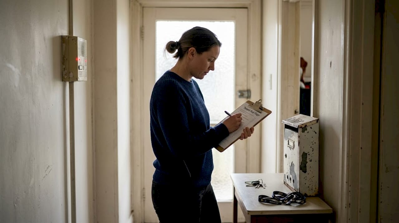 Landlord checking risky tenant signs in hallway