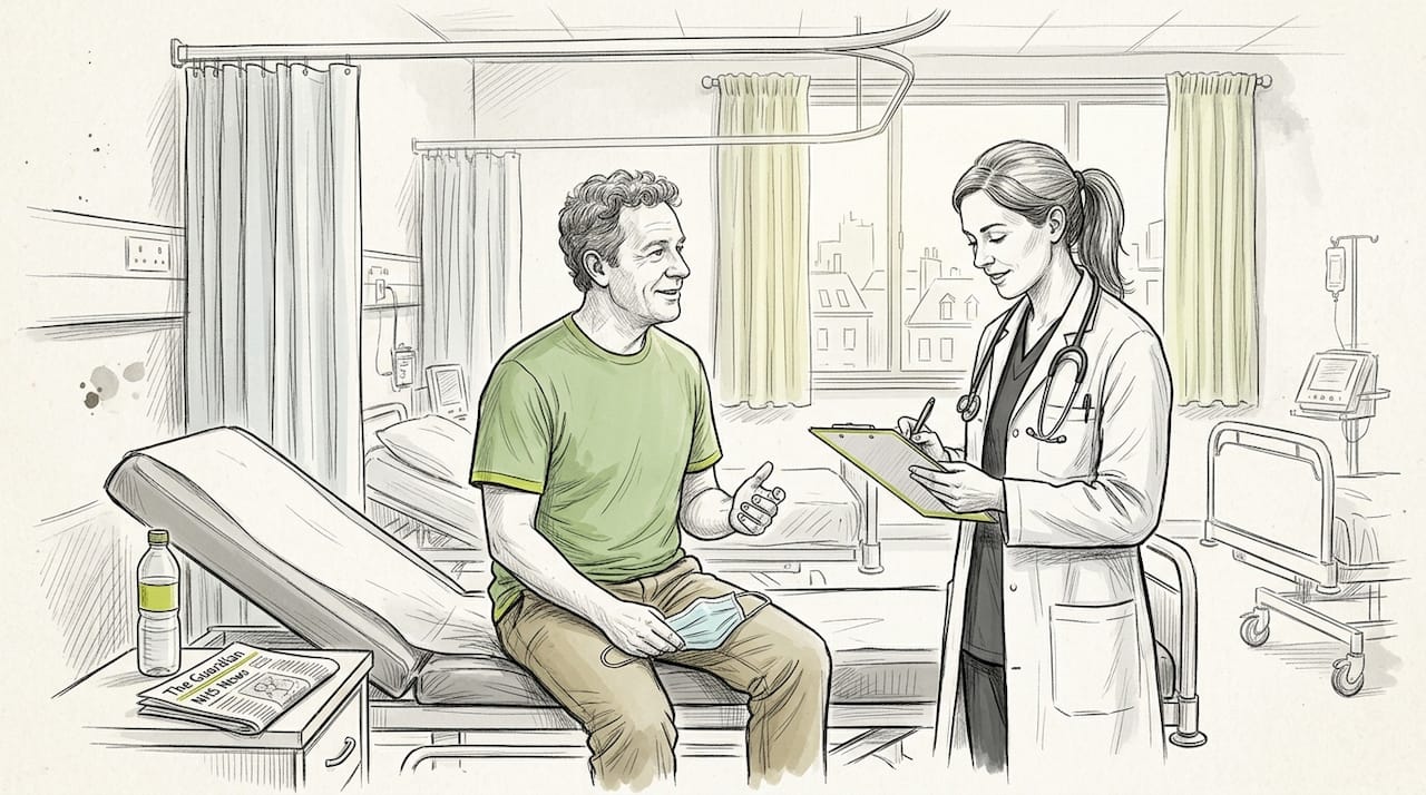 Expat patient with doctor in overseas hospital room