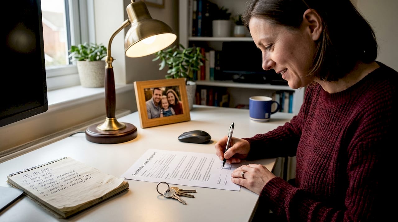 Woman signing rental contract at desk