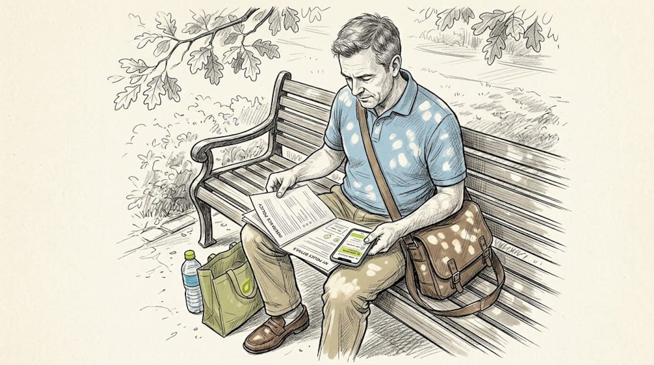 Man reading insurance policy on park bench