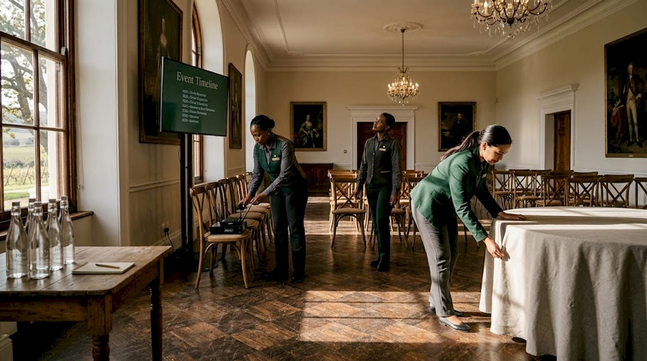 Event staff preparing luxury venue setup