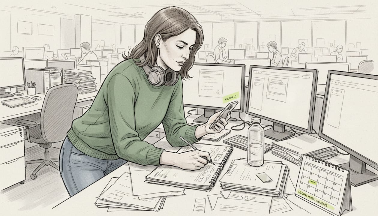 Woman cross-checking insurance claim and policy notes