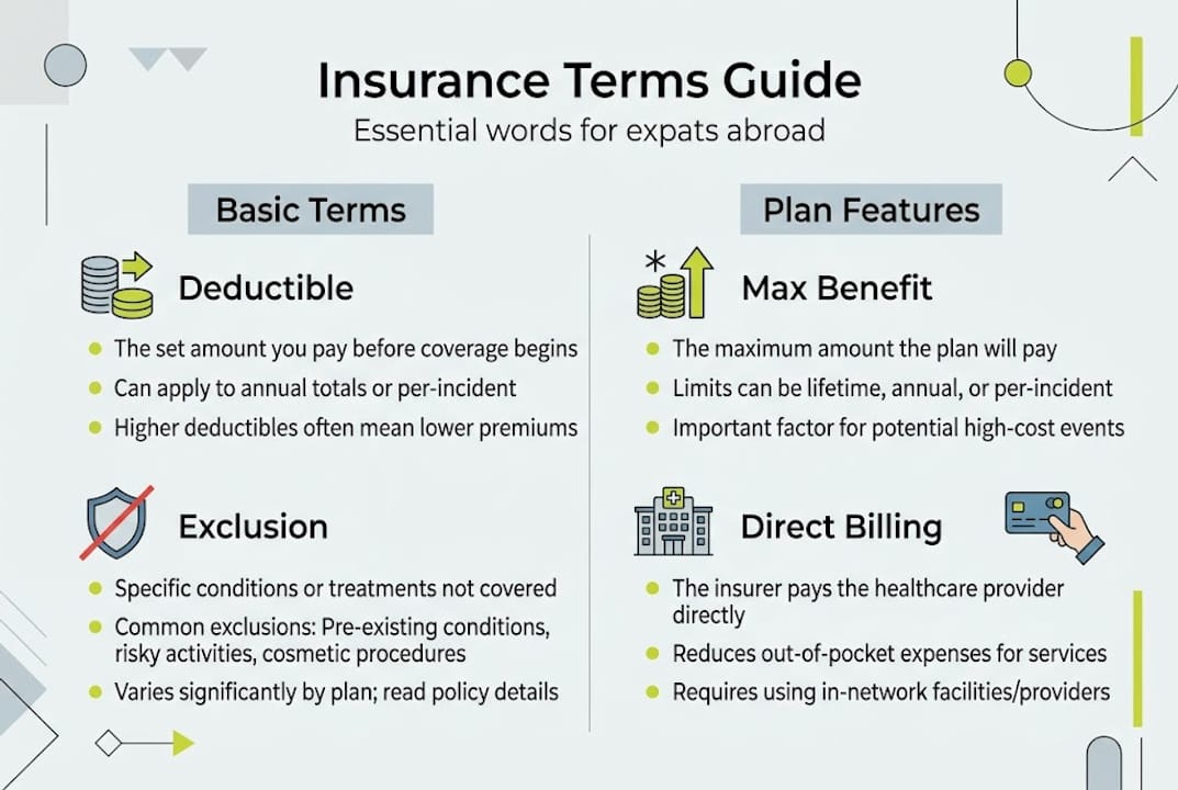 Infographic with expat insurance key terms illustrated