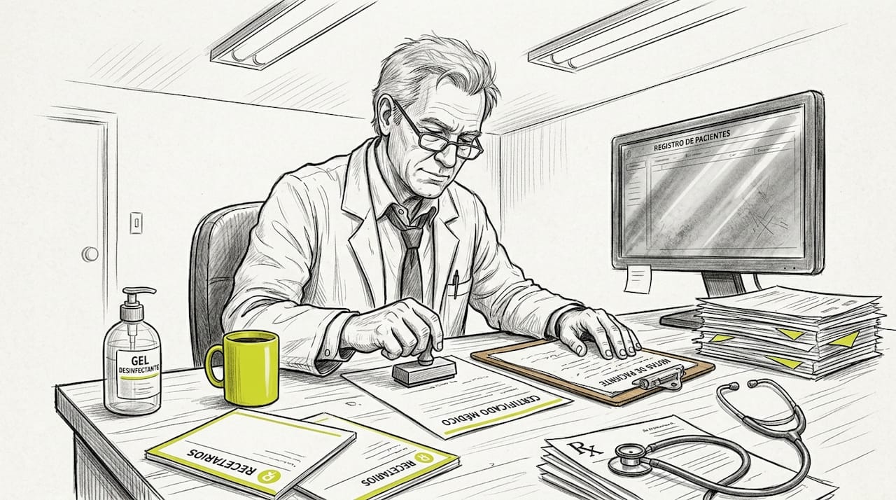 Un médico sella un certificado médico en su escritorio.