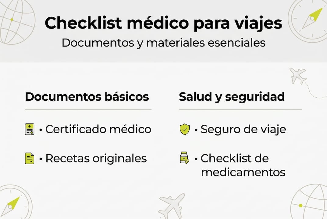 Infografía con lista de control médica para preparar tu viaje