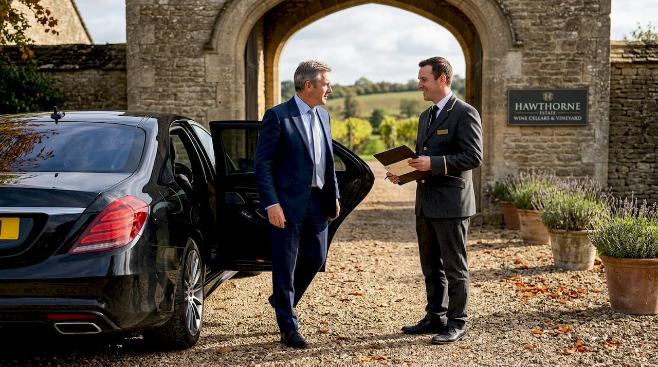 VIP guest greeted at wine estate entrance