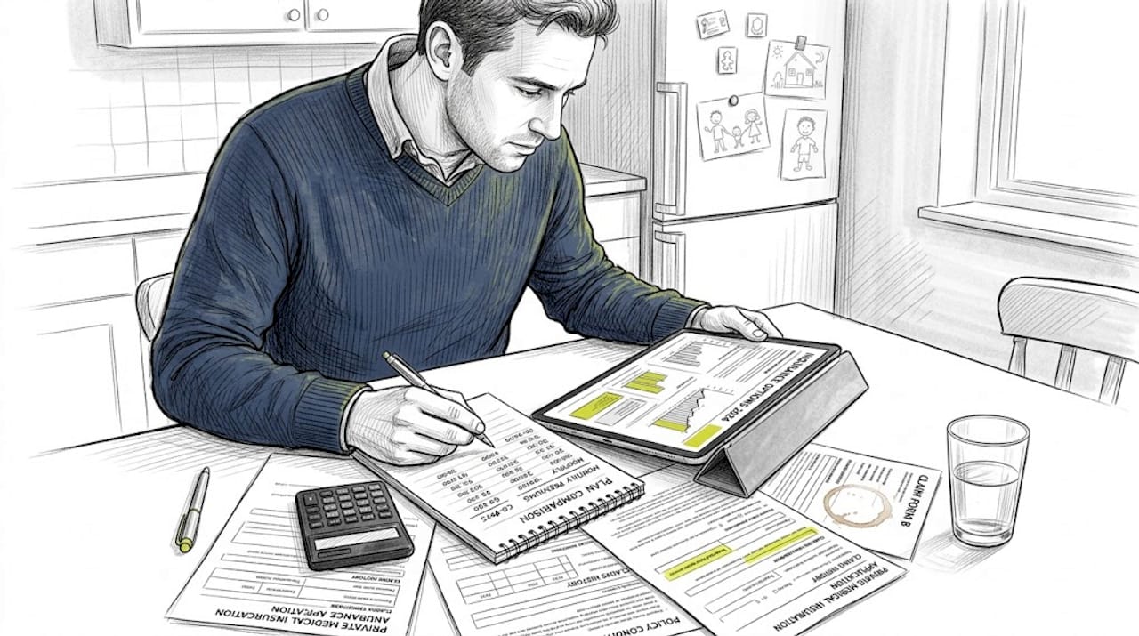 Man reviewing insurance paperwork at kitchen table
