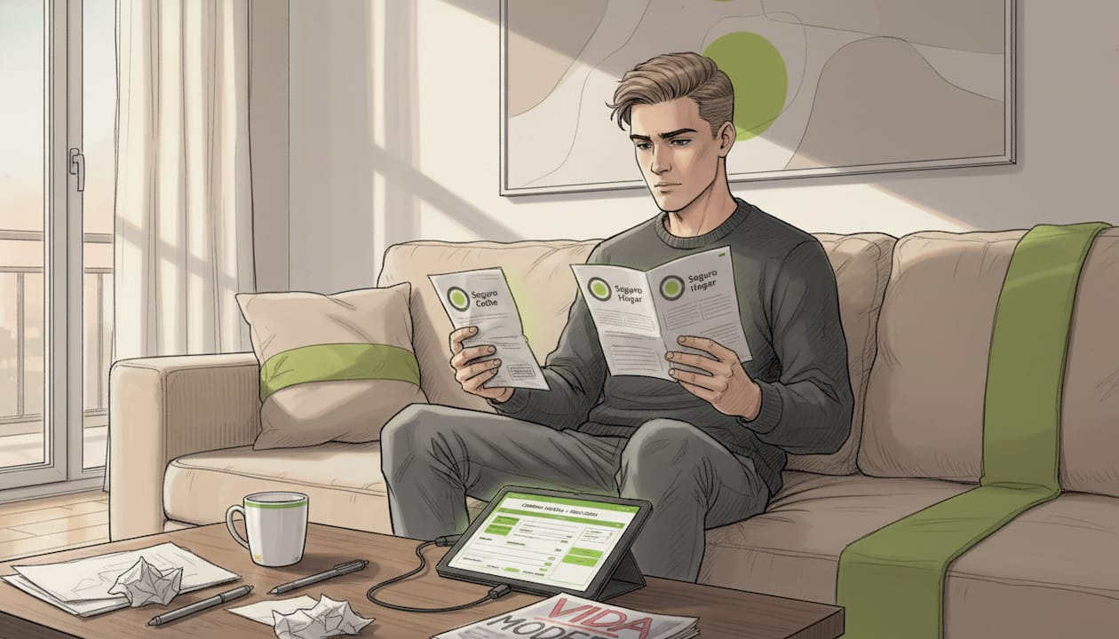 Hombre revisando y comparando folletos de seguros en casa
