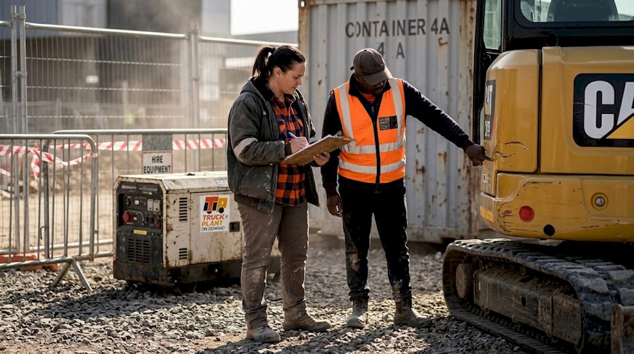 Supervisor reviews hired excavator at jobsite