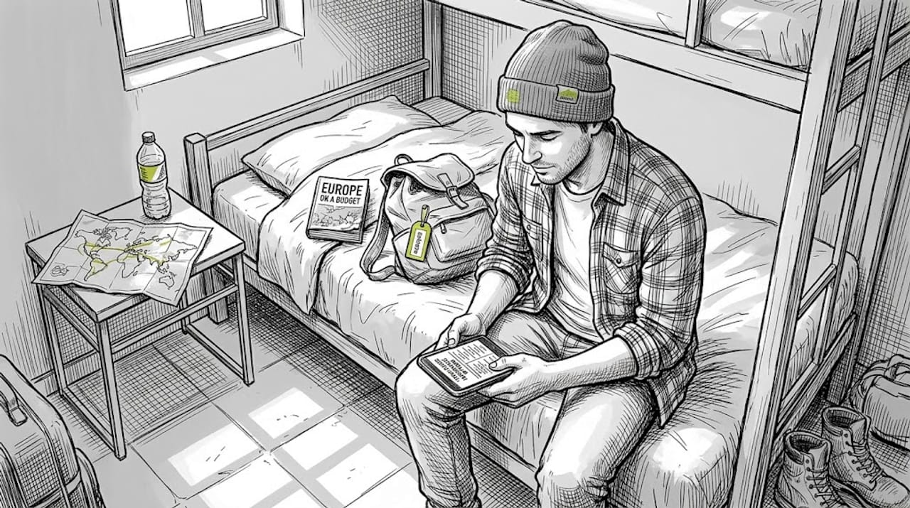 Backpacker checking insurance on smartphone in hostel