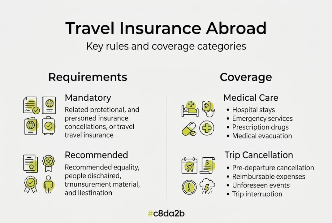 Infographic summarizing travel insurance rules and coverage