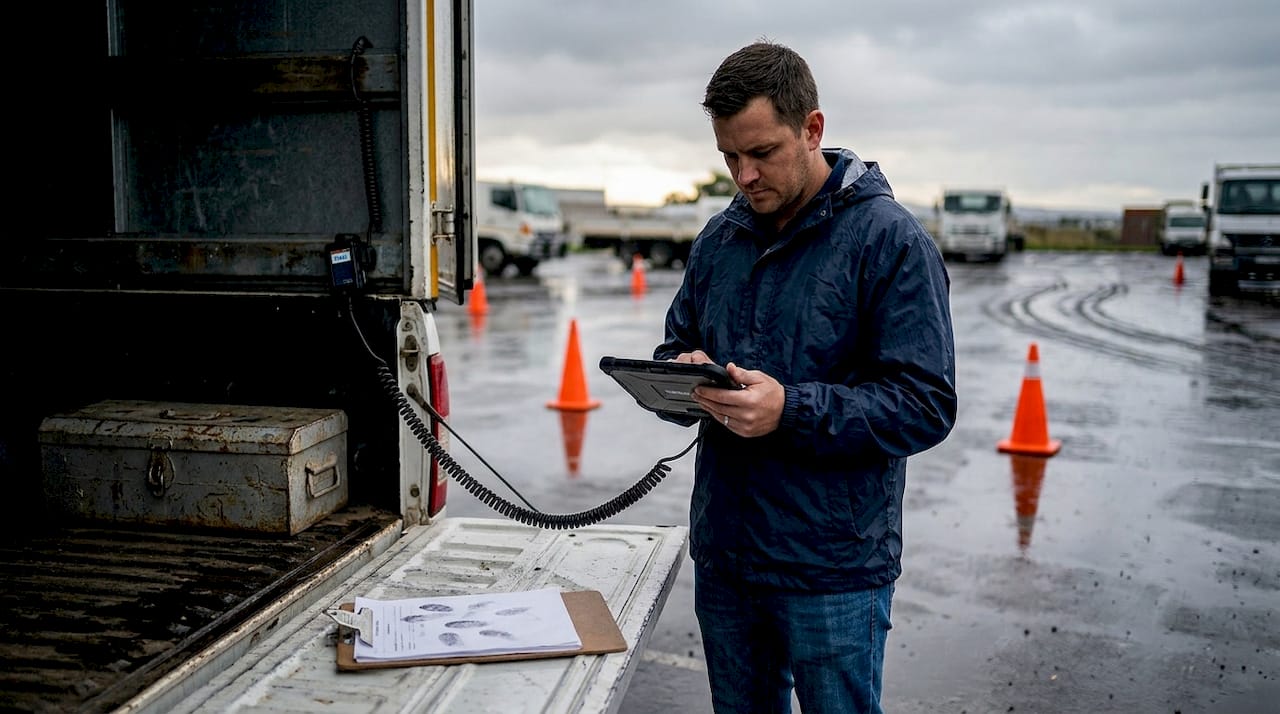Technician checking telematics on truck in lot
