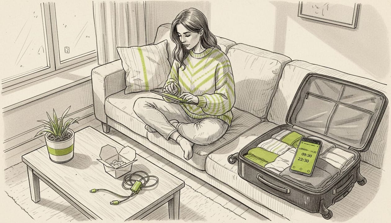 Woman buying insurance online with suitcase packed