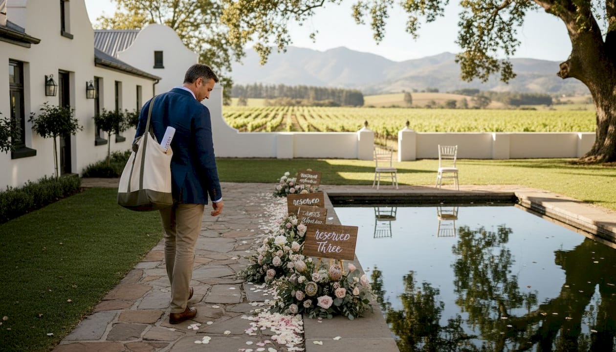 Venue manager checks luxury wedding courtyard details