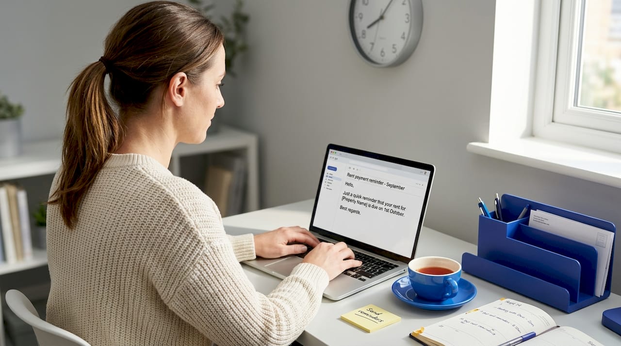 Woman sends rent reminder in home office