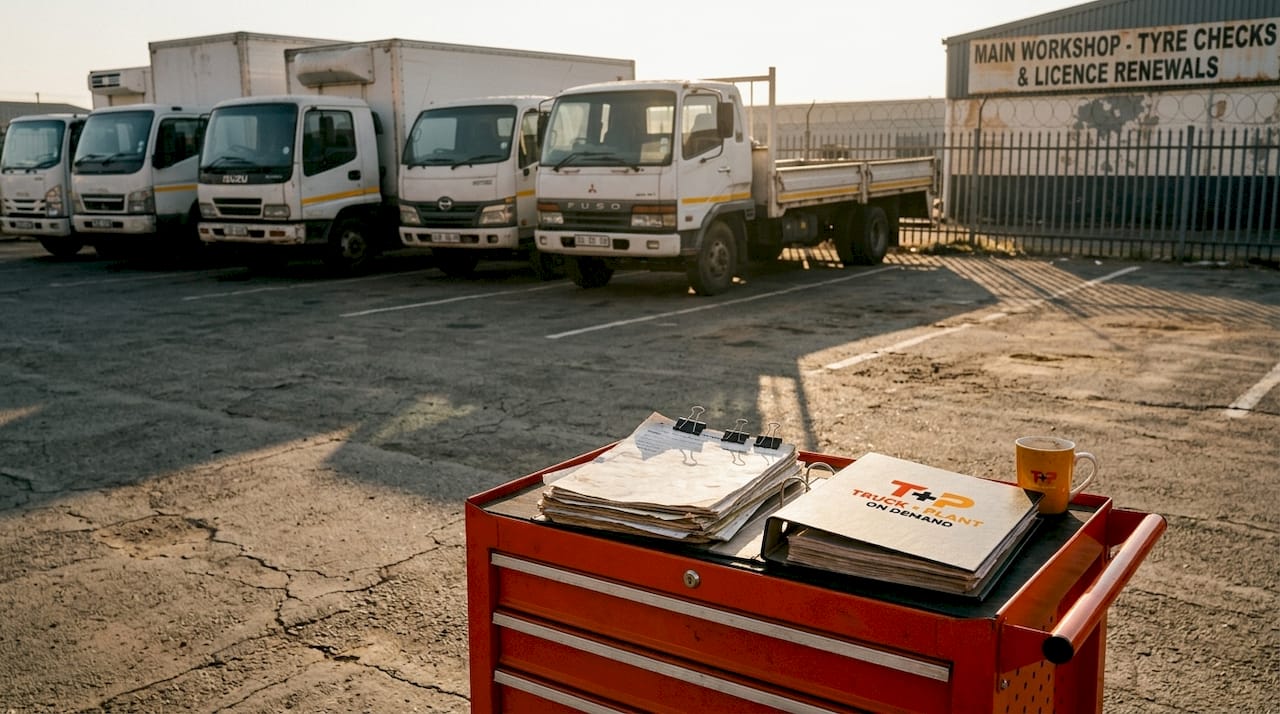 Idle commercial trucks in company parking lot