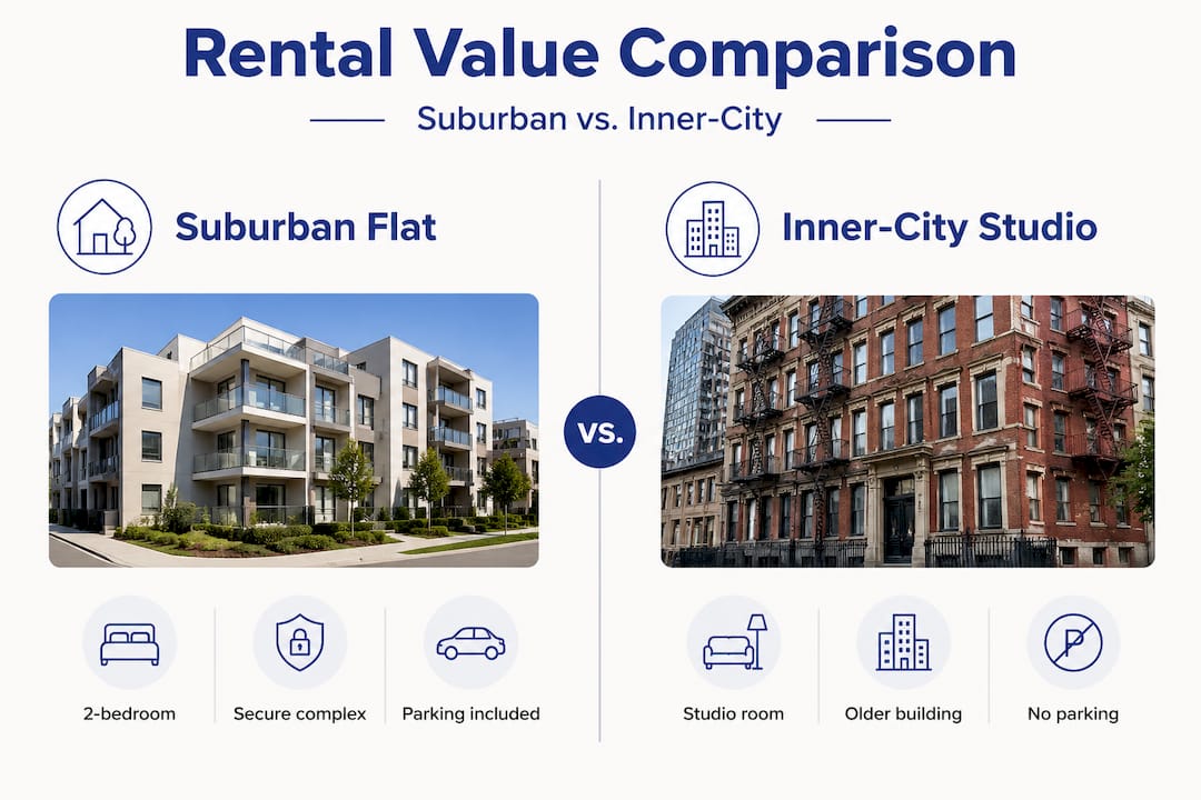 Infographic comparing suburban flat and inner-city studio features