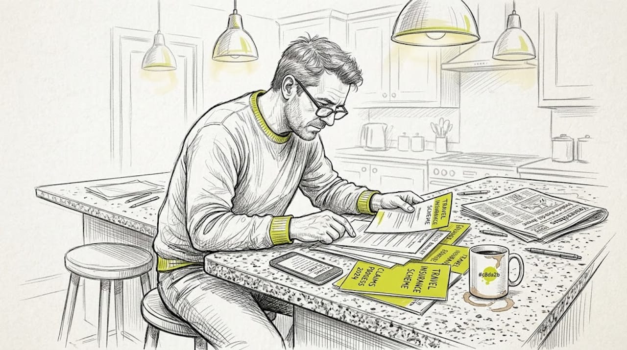 Man reading travel insurance documents at kitchen