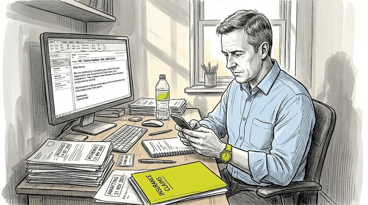 Man tracking insurance processing in home office