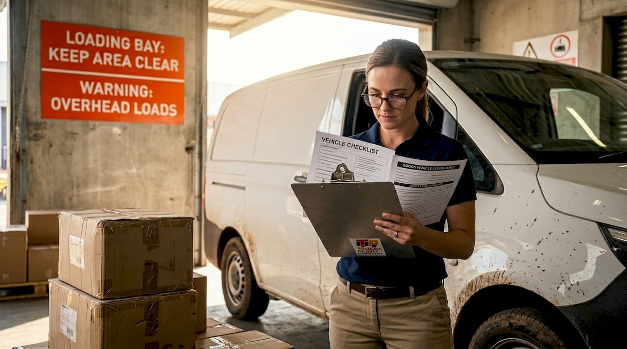 Logistics coordinator checking insurance documents by van